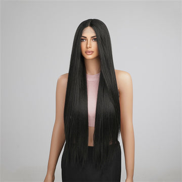 [No.14]32” 13x5x1 T-Part Hand Hooked Japanese Synthetic Fiber 410 ℉ High Heat Resistant Straight Lace Front Black