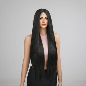 [No.14]32” 13x5x1 T-Part Hand Hooked Japanese Synthetic Fiber 410 ℉ High Heat Resistant Straight Lace Front Black