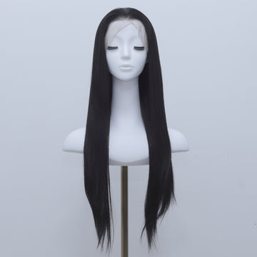 [No.73]28” Hand Hooked Frontal Lace Japanese Synthetic Fiber 410℉ High Heat Resistant Black Straight Hair