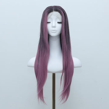 [No.72]28” Hand Hooked Frontal Lace Japanese Synthetic Fiber 410℉ High Heat Resistant Dark Roots Purple Hair
