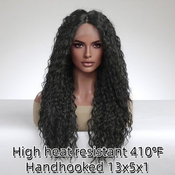 [No.16]13x5x1 T-Part Hand Hooked Frontal Lace 28” Japanese Synthetic Fiber 410℉ High Heat Resistant Black Fringed Curls