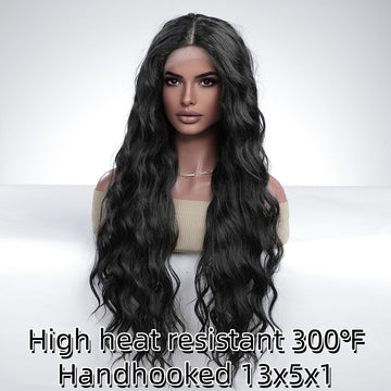 [No.18]13x5x1 T-Part Hand Hooked Frontal Lace 33” Japanese Synthetic Fiber 410 ℉ High Heat Resistant Water Wave Black