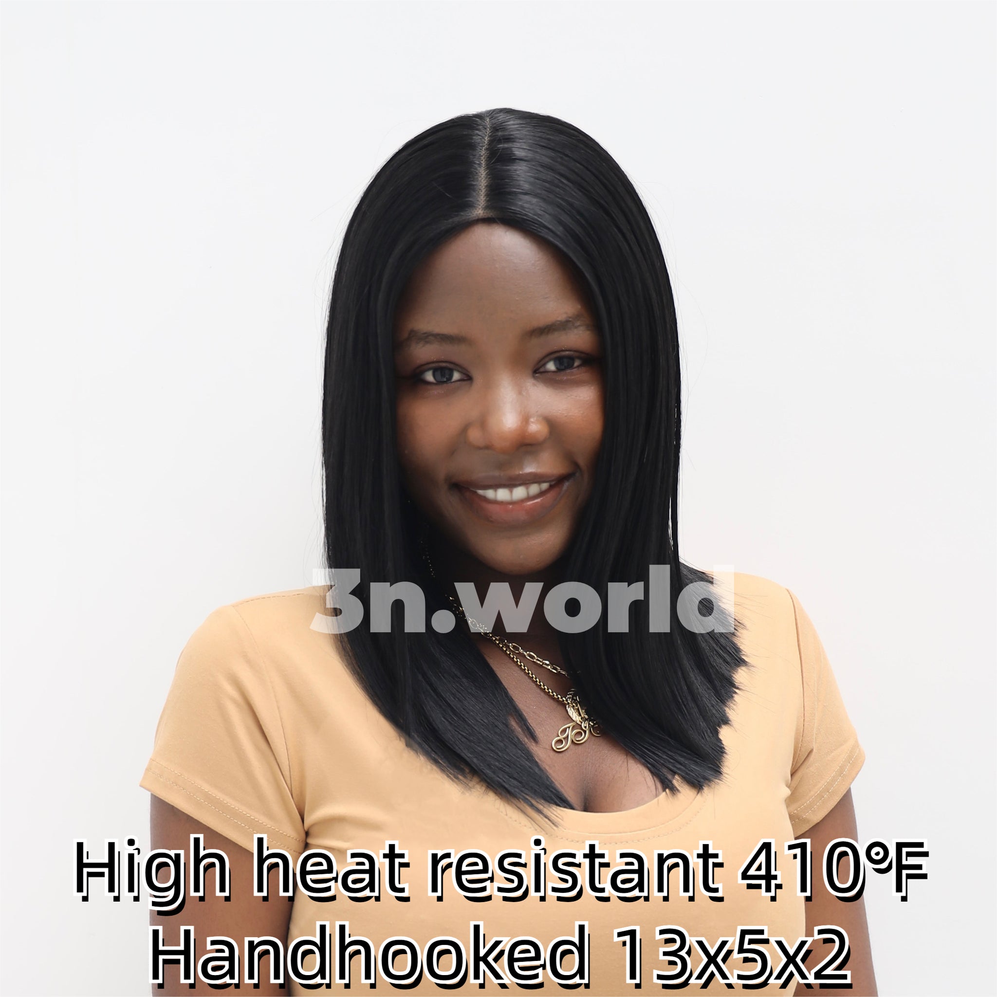 [No.56]13x5x2 T-Part Hand Hooked Frontal  Lace 15” Japanese Synthetic Fiber 410℉ High Heat Resistant Black Straight