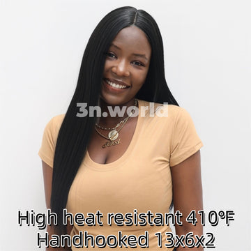 [No.73]28” Hand Hooked Frontal Lace Japanese Synthetic Fiber 410℉ High Heat Resistant Black Straight Hair