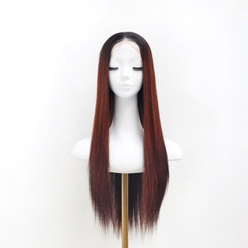[No.55]28” Hand Hooked Frontal Lace Japanese Synthetic Fiber 410℉ High Heat Resistant Dark Roots Mahogany Red Hair