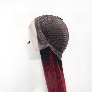 [No.51]28” Frontal Hand Hooked Lace Japanese Synthetic Fiber 410℉ High Heat Resistant Dark Roots Red Wine Hair