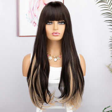 [No.71]26” Synthetic 300℉ Brown  Bangs Loose Wave Heat Resistant