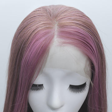 [No.65]28” Hand Hooked Frontal Lace Japanese Synthetic Fiber 410℉ High Heat Resistant Highlights Pink Hair