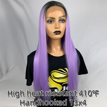 [No.69]28” Frontal Hand Hooked Lace Japanese Synthetic Fiber 410℉ High Heat Resistant Dark Roots Purple Hair